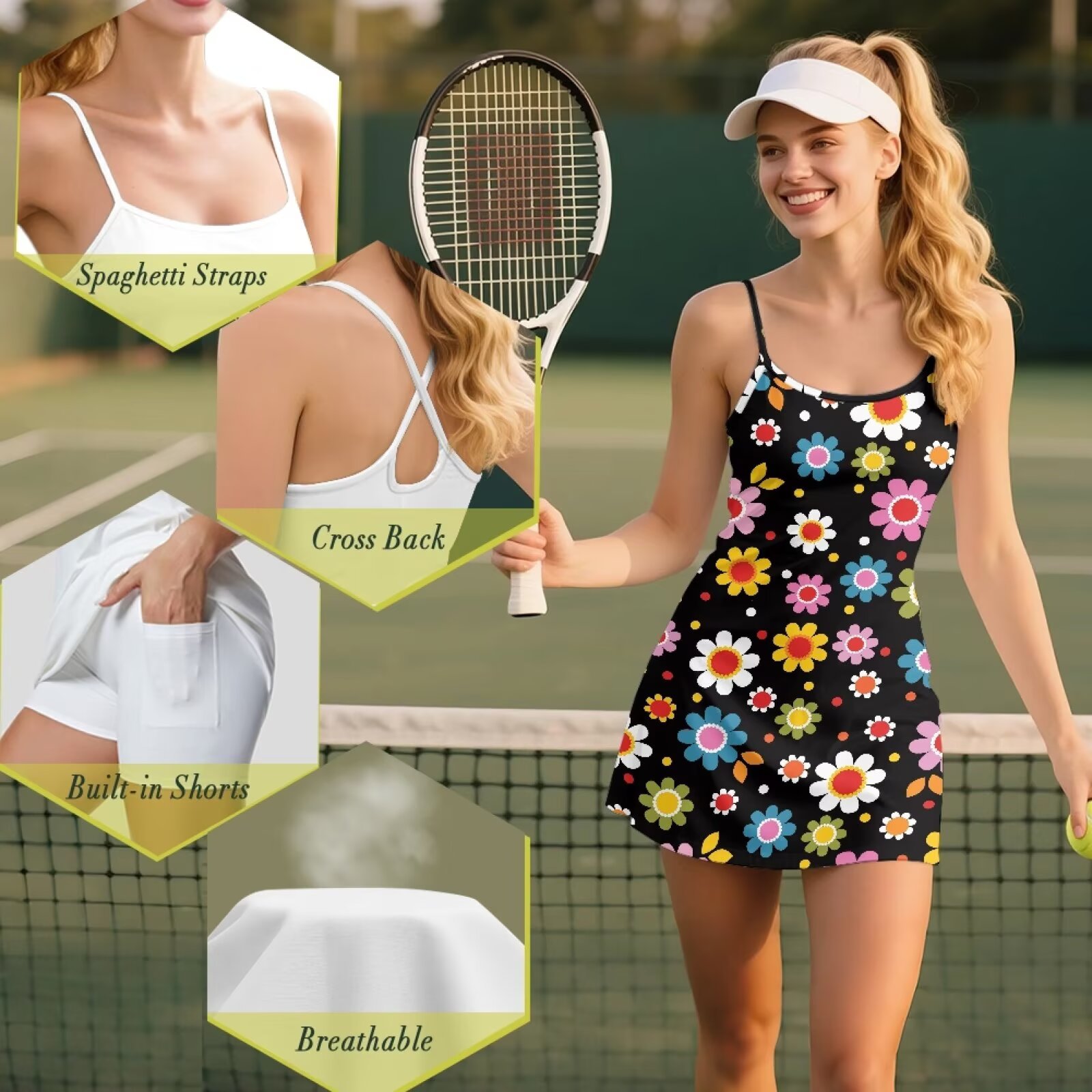 Yuyamidu Hippie Flower Tennis Dress Stylish Golf Dresses Built-in Shorts with Pockets for Women Size XS, Stretchy Womens Athletic Dress Sportswear