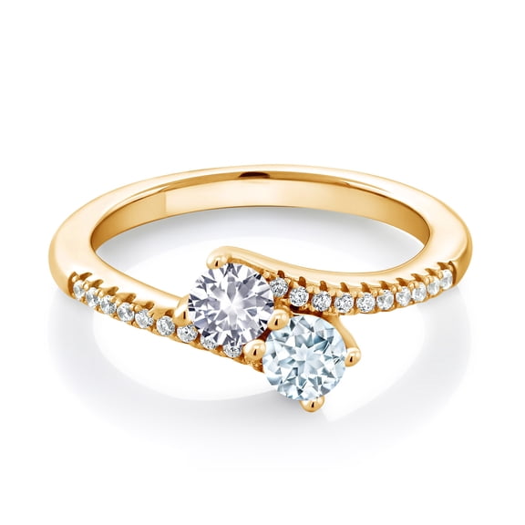 Gem Stone King 18K Yellow Gold Plated Silver White Created Sapphire Sky Blue Aquamarine and Zirconia Bypass Ring for Women (0.74 Cttw, Gemstone September Birthstone, Round 4MM, Size 7)