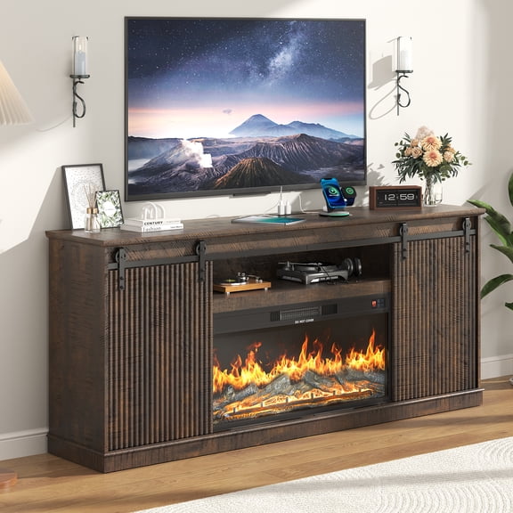 ANPOO 75''Farmhouse Fireplace TV Stand for 80''/85'' TV, Entertainment Center with 36'' Electric Fireplace, Power Outlet & Fluted Sliding Barn Doors, Media Console with Storage for Living Room