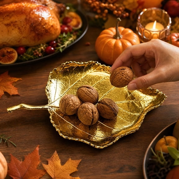 Lypsnake Gold Metal Leaf Shaped Tray, Decorative Golden Leaf Trinket Dish with Handle, Vintage Metallic Leaf Shape Snack Nut Serving Tray for Fall Thanksgiving Tabletop Decor