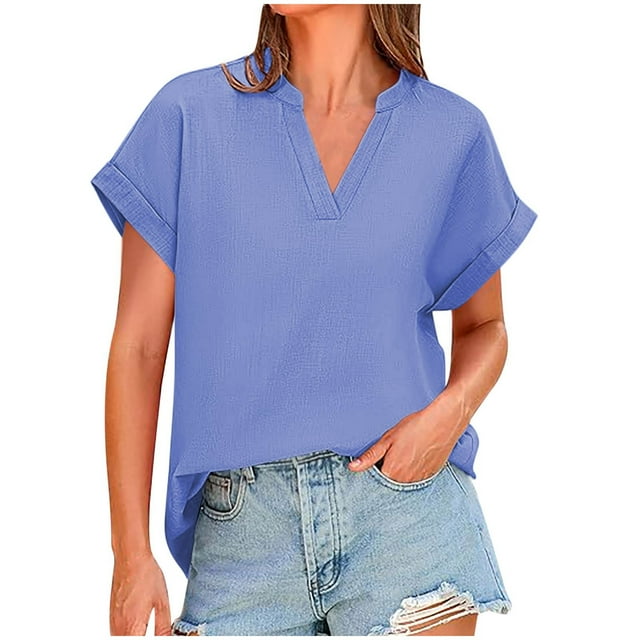 Timegard Womens Tops Stand V Neck Drop Shoulder Short Sleeve Solid Color Casual Summer Loose Tops