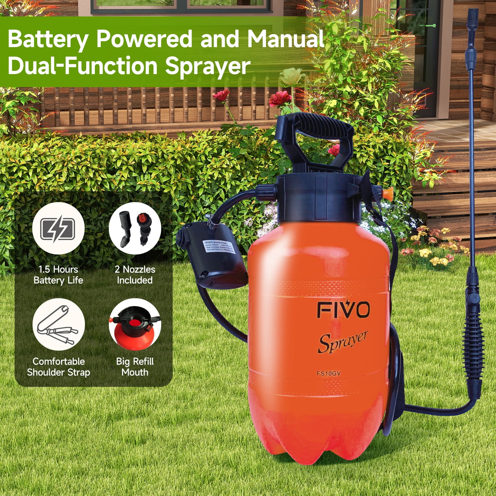 FIVO 2 Gallon Sprayer with Rechargeable Battery Powered Electric Pump for Lawn and Garden