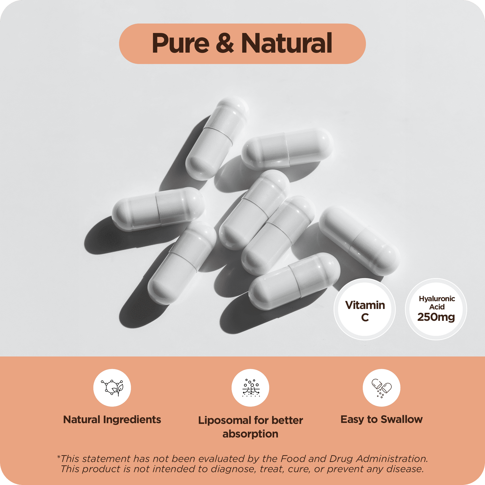 Pure Hyaluronic Acid Supplements 250mg with Vitamin C 50mg - 120 Vegan Capsules - Skin Hydration for Natural Glow - Pure Supplement w/Hair, Nails, Bone & Joint Health Formula