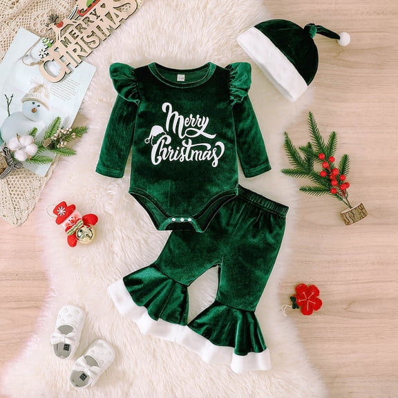 Outfits for Infant Boys Christmas Long Sleeve Letter Prints Romper Long Pants Hat Outfits Sets Size 9-12 Months ,Green