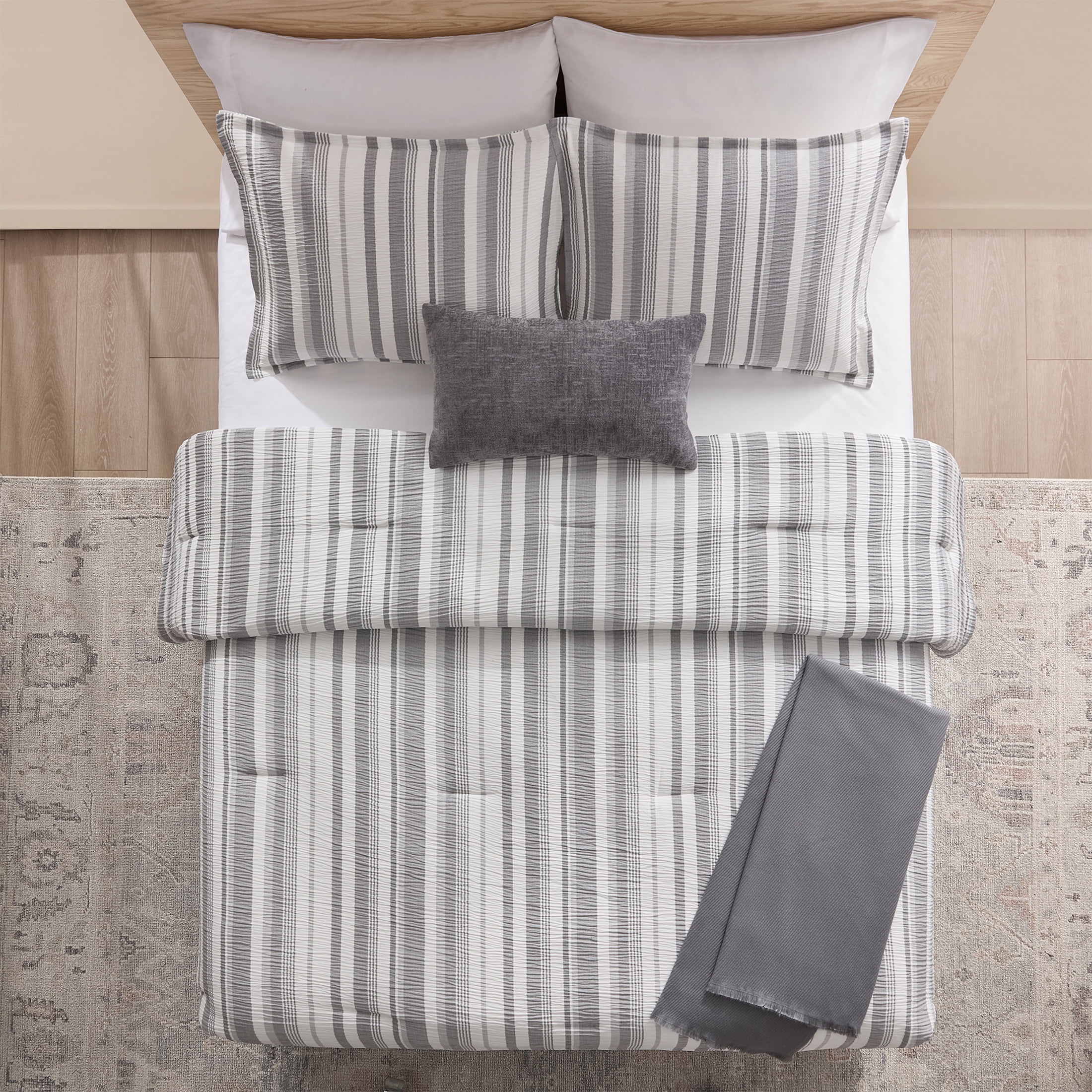 Mainstays Yarn Dyed Stripe 5-Piece Grey Comforter Set, King