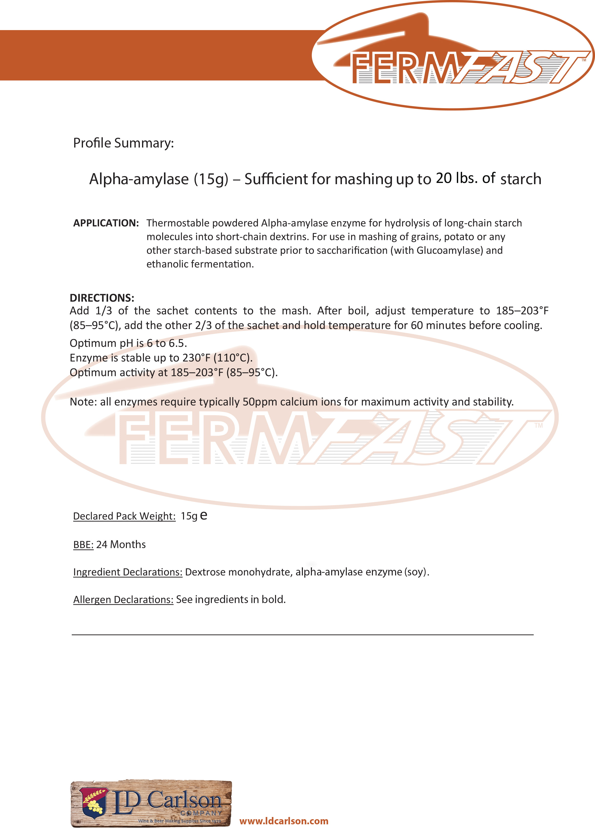FERMFAST HOZQ8-053 Glucoamylase Enzyme Single Dose Pack 10G Packet Dry Beta A... 