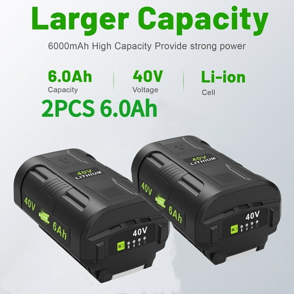 2Pack 6.0Ah OP4026 40V Lithium ion Battery for Ryobi 40V Battery OP4050A OP40601 OP4026A OP4040 OP4030 OP4050 OP4015