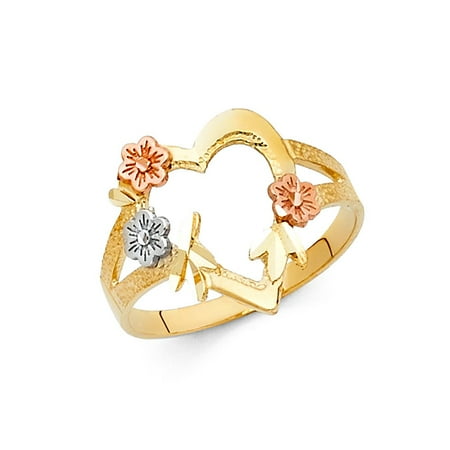 Design Shank Ring - 14k Tri Colored Tone Italian Solid Gold 15mm Heart & Floral Flower Design Satin & Polished Shank Band Ring Size 7 Available All Sizes