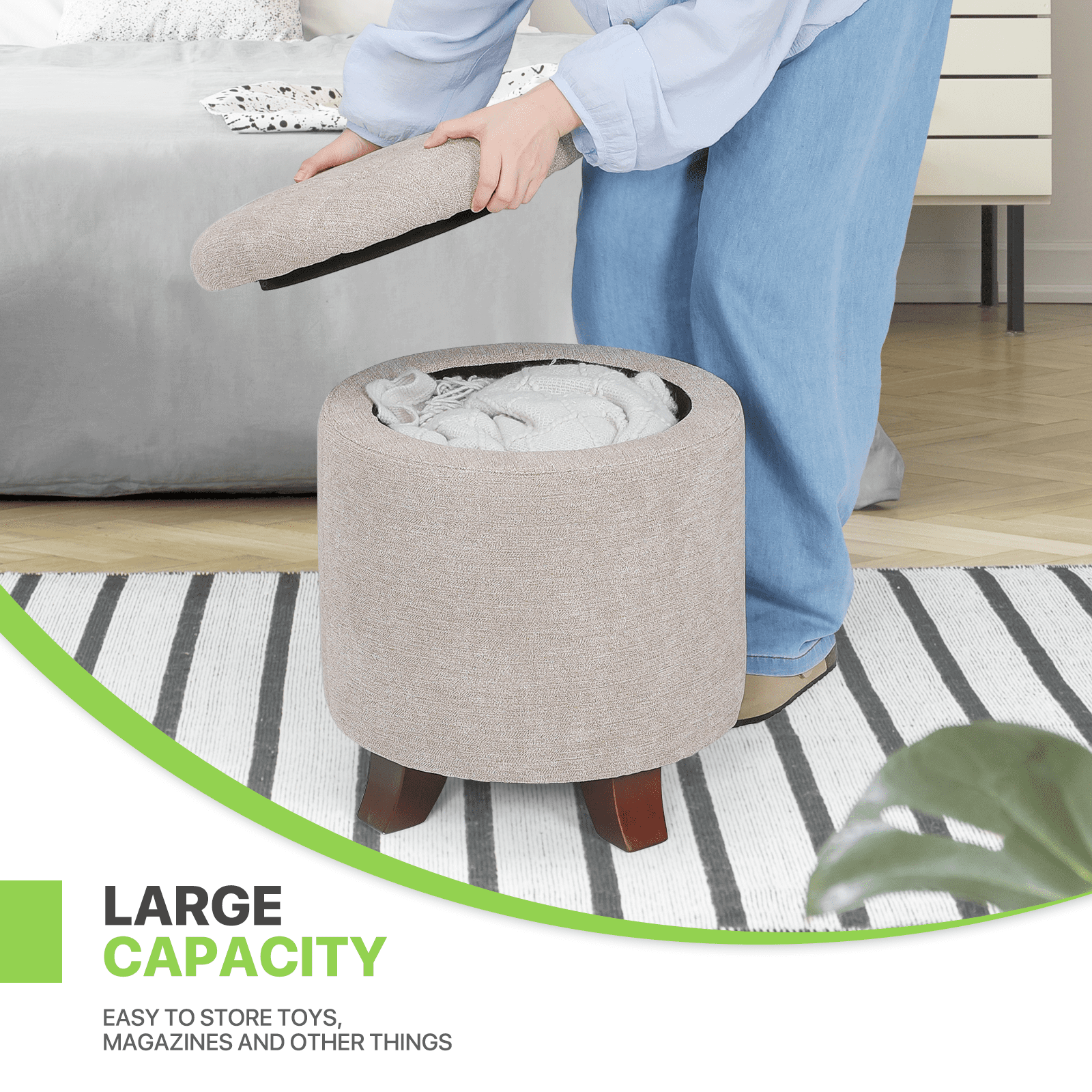 Magshion Storage Ottoman with Padded Seat, Modern Cotton-linen Footrest, Round Seat stool for Living Room Bedroom , Beige