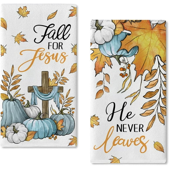 Christian Fall for Jesus Kitchen Dish Towels Set of 2, Autumn Religious Cross Teal Pumpkin Hand Towels Drying Baking Cooking Cloth, Maple Leaves Farmhouse Home Kitchen Decor 18 x 26 Inch