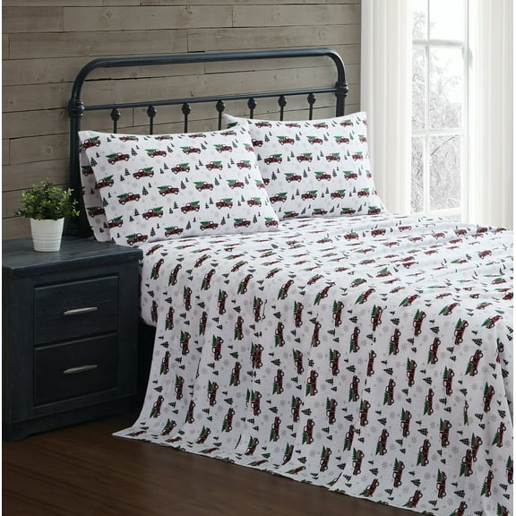 Truly Soft Holiday Truck Printed 100% Cotton Flannel 4-Piece Queen Sheet Set in Holiday Truck, Cotton , Adult, All Season, OEKO-TEX Certified