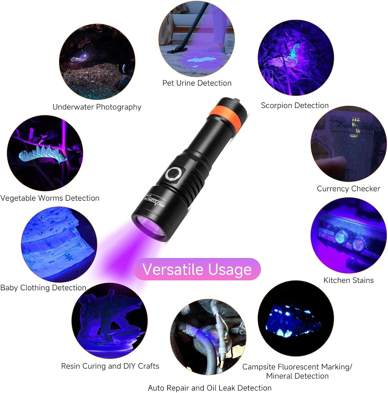 ORCATORCH D530 Scuba Dive Light, 395NM LED UV Light, Titanium Alloy Side Button Switch, 2 Lighting Modes with Battery Indicator for Underwater 150M Diving