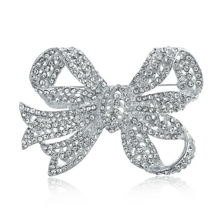 Large Bow Ribbon Shape Pave Crystal Wedding Bridal Brooch Pin For Women Silver Tone Rhodium Plated Brass