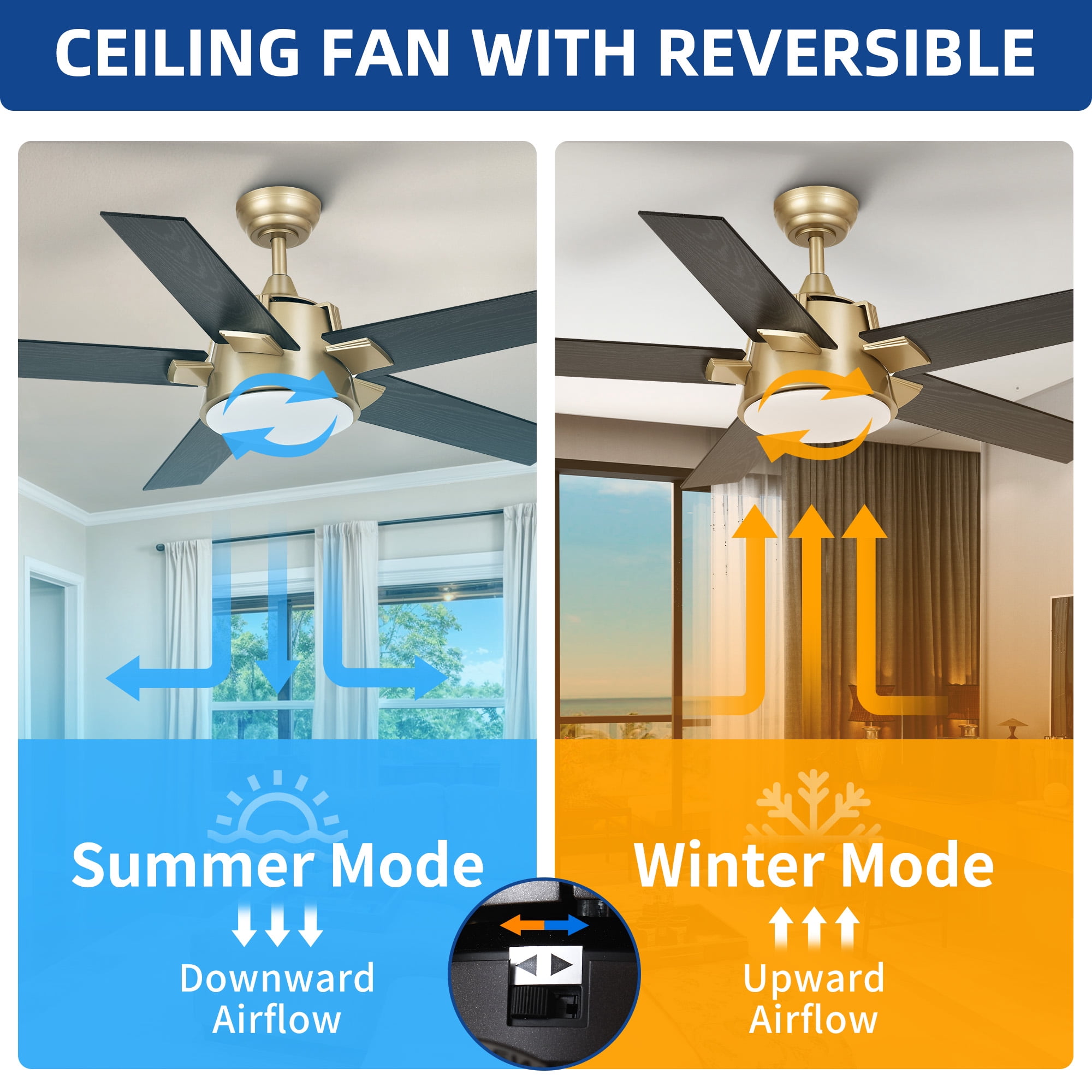 Dextrus 52in Modern Black Gold Ceiling Fan with Light and Wall Switch Remote, 6-Speed 5 Blades Memory Function for Bedroom Living Room Patio