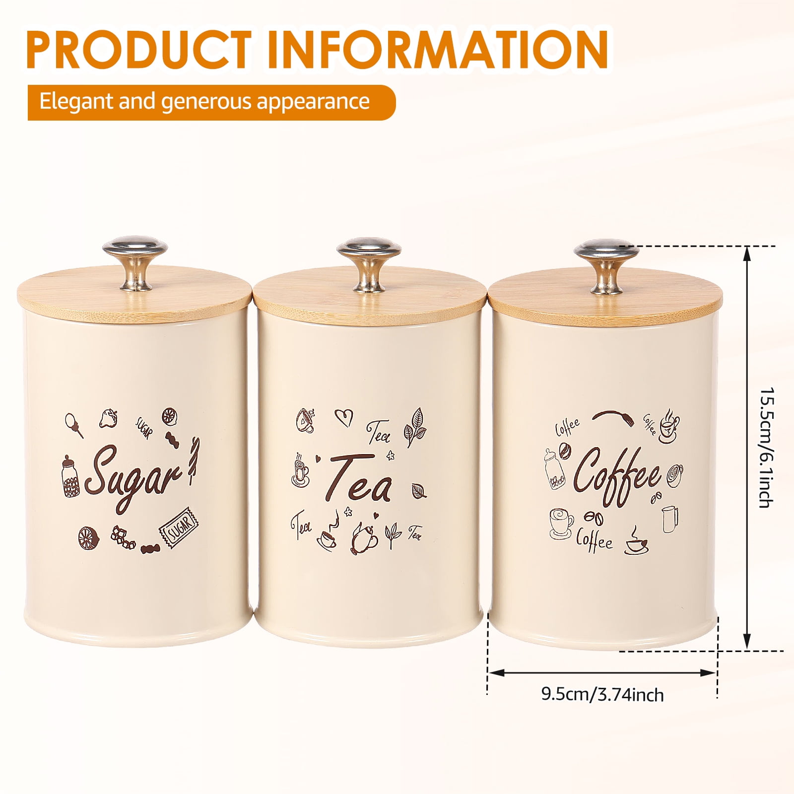 FUYGRCJ 3PCS Food Storage Canisters with Bamboo Lid, Airtight Iron Tea Sugar Coffee Canisters, Versatile Tea Coffee Sugar Canister Set, Smooth Coffee Tea Sugar Container Set for Coffee Sugar Tea