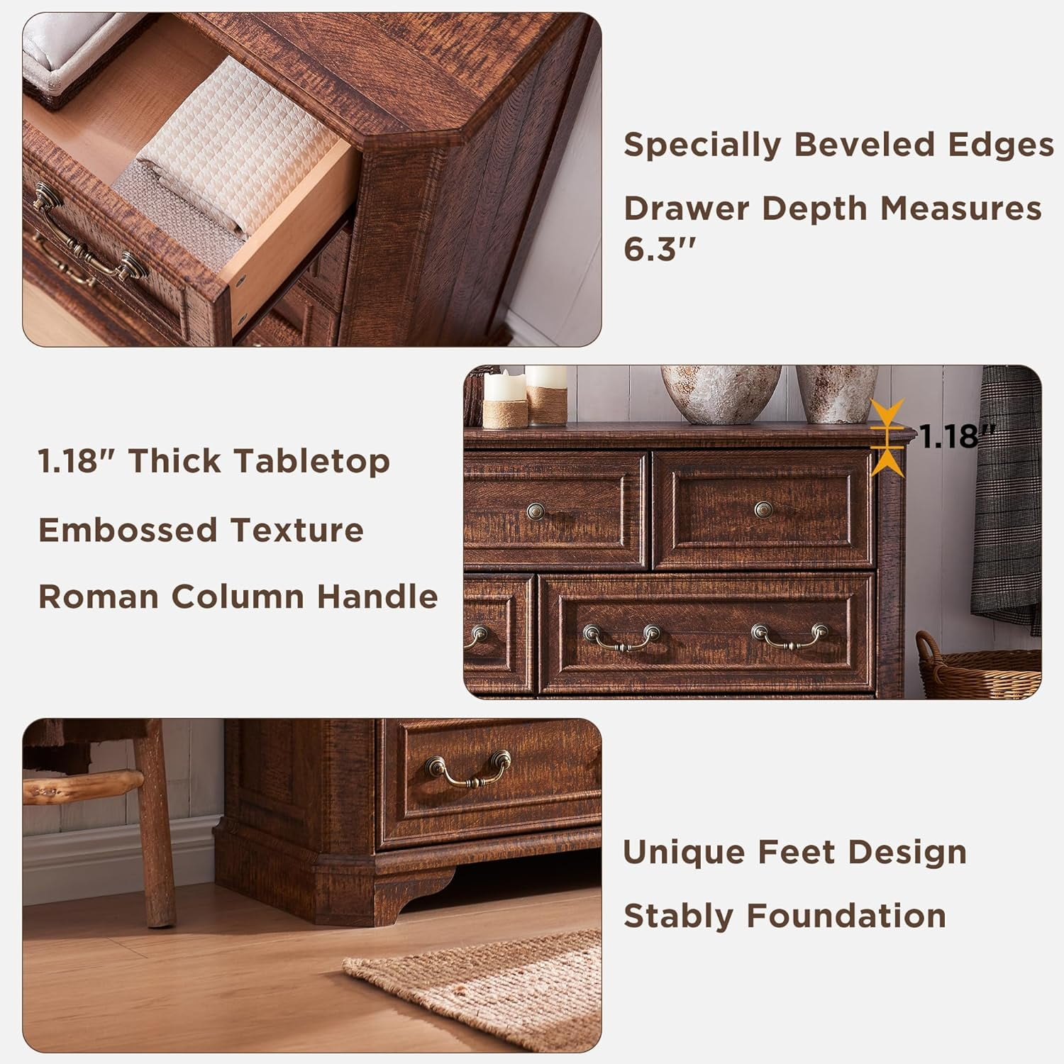 OKD Farmhouse 5-Drawer Dresser with Vintage Wood Thick Plank, Tall Storage Chest with Anti-Tip Device for Bedroom, Living Room, Reclaimed Barnwood