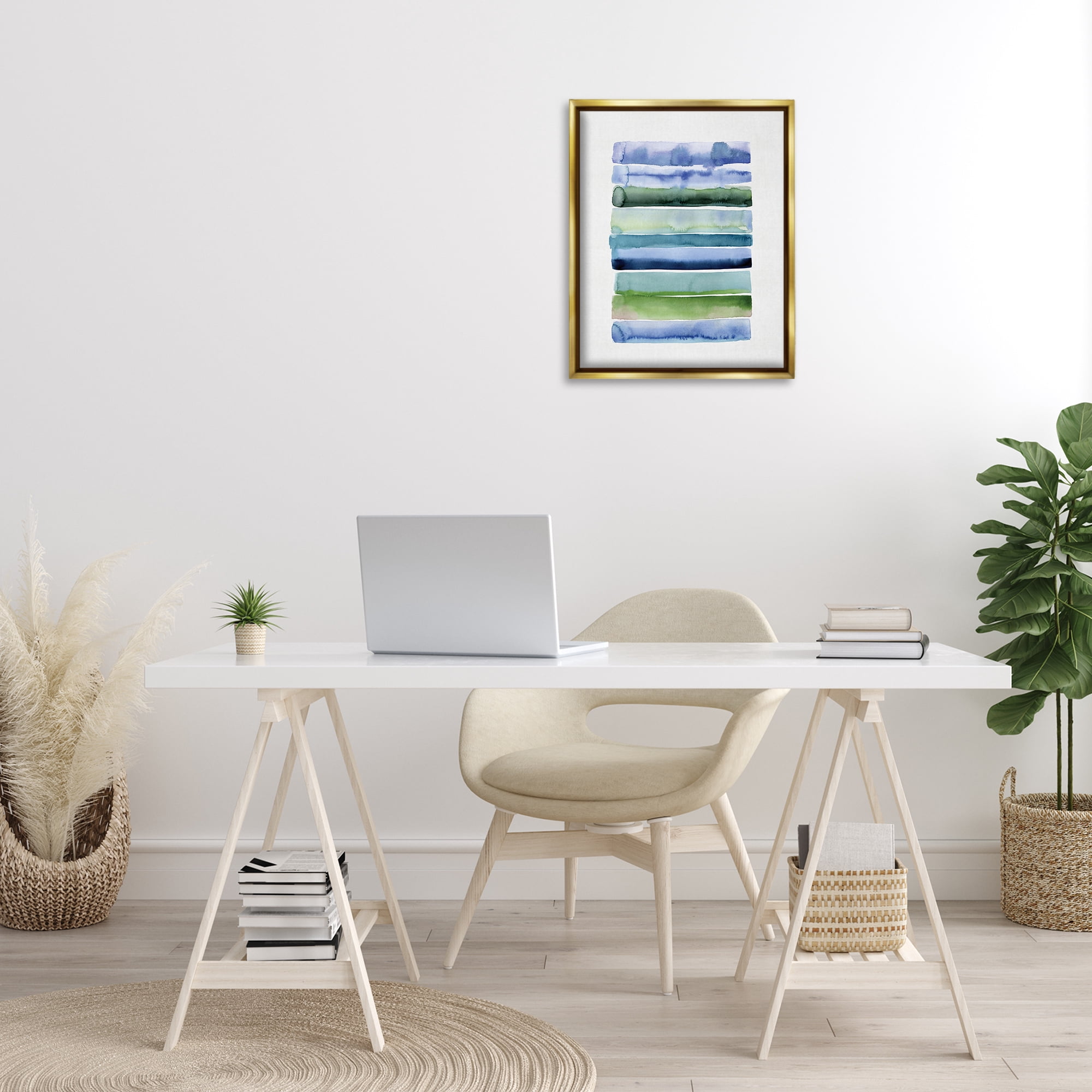 Stupell Industries Green & Blue Ombre Stripes Abstract Painting Gold Floater Framed Canvas Art Print Wall Art, 17 x 21