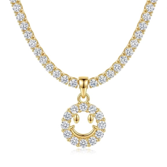 LAPRECIEUZ DE ARTHES JEWELRY 18K Yellow Gold-Plated Tennis Chain Necklace with Cubic Zirconia Smiley Face Pendant for Women - Non-Tarnish, Hypoallergenic, 18 in
