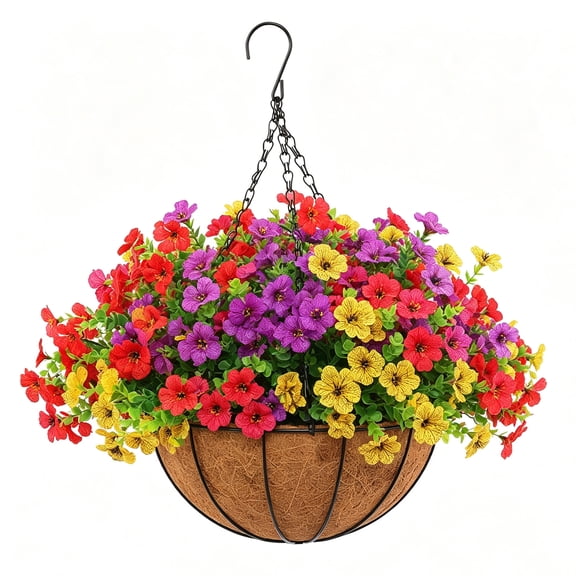 Hyindoor Artificial Faux Flowers Hanging Plants Basket Outdoor with 12Pcs Flowers, for Spring Summer Front Porch Balcony Yard Garden Patio Home Decor (12"D X 18.8"H)