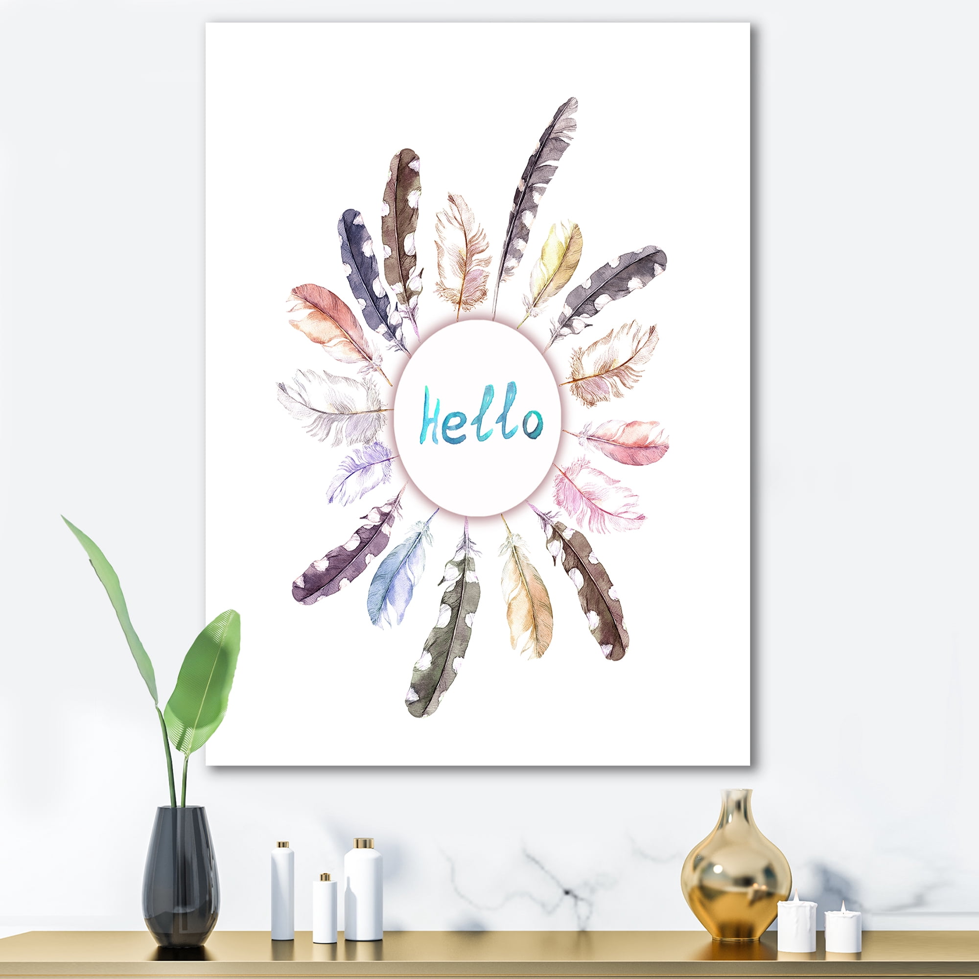 Designart ' Ancient Round Wreath With Birds Feathers ' Bohemian & Eclectic Canvas Wall Art Print