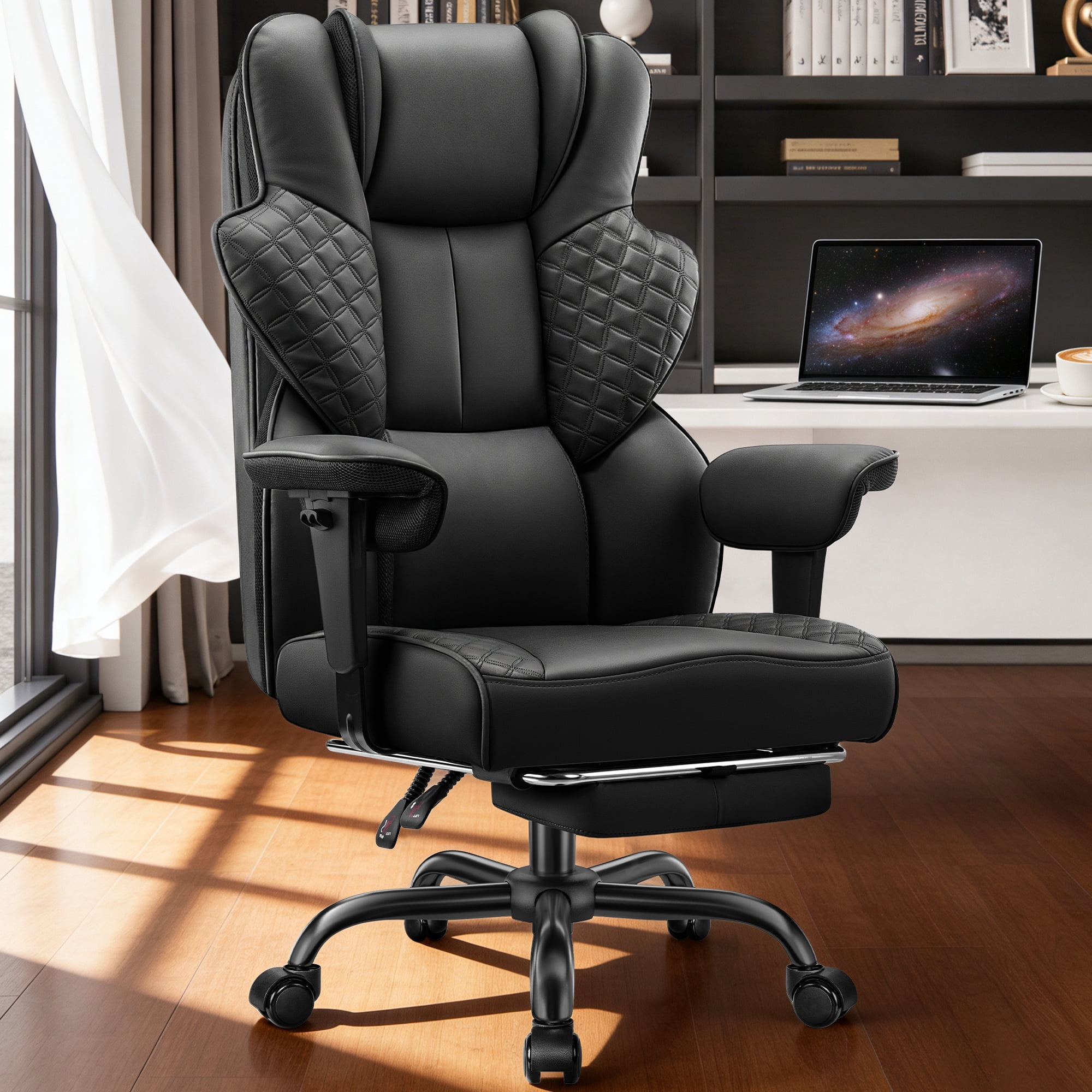 COOLHUT Big and Tall Office Chair 500lbs, Heavy Duty Ergonomic Office Desk Chair with Deluxe Embossing PU Leather with Footrest, Executive Gaming Chair with Lumbar Support, Black