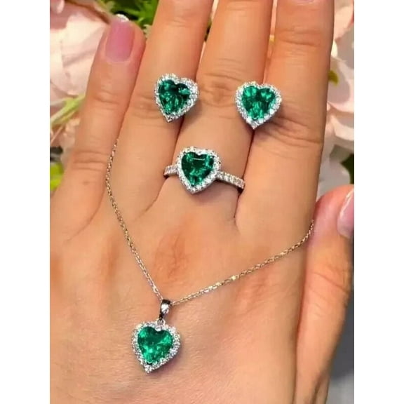 Valentine's Day Gift For Women's Mix Jewelry Set Lab Created Green Emerald 14K White Gold Plated 4Ct Heart Cut
