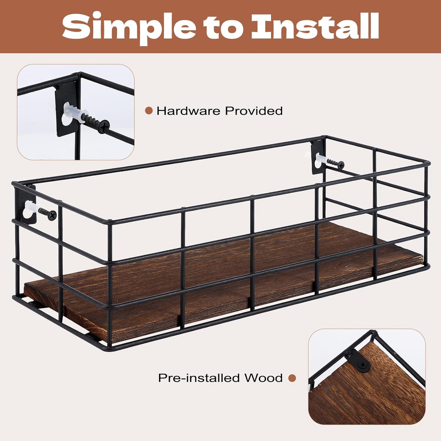4 Sets of Hanging Floating Shelves, Metal Wire Storage Basket with Wood Bottoms, Hanging Storage Wall Shelf, Wall Mounted Shelves for Home Bathroom Living Room Bedroom Kitchen