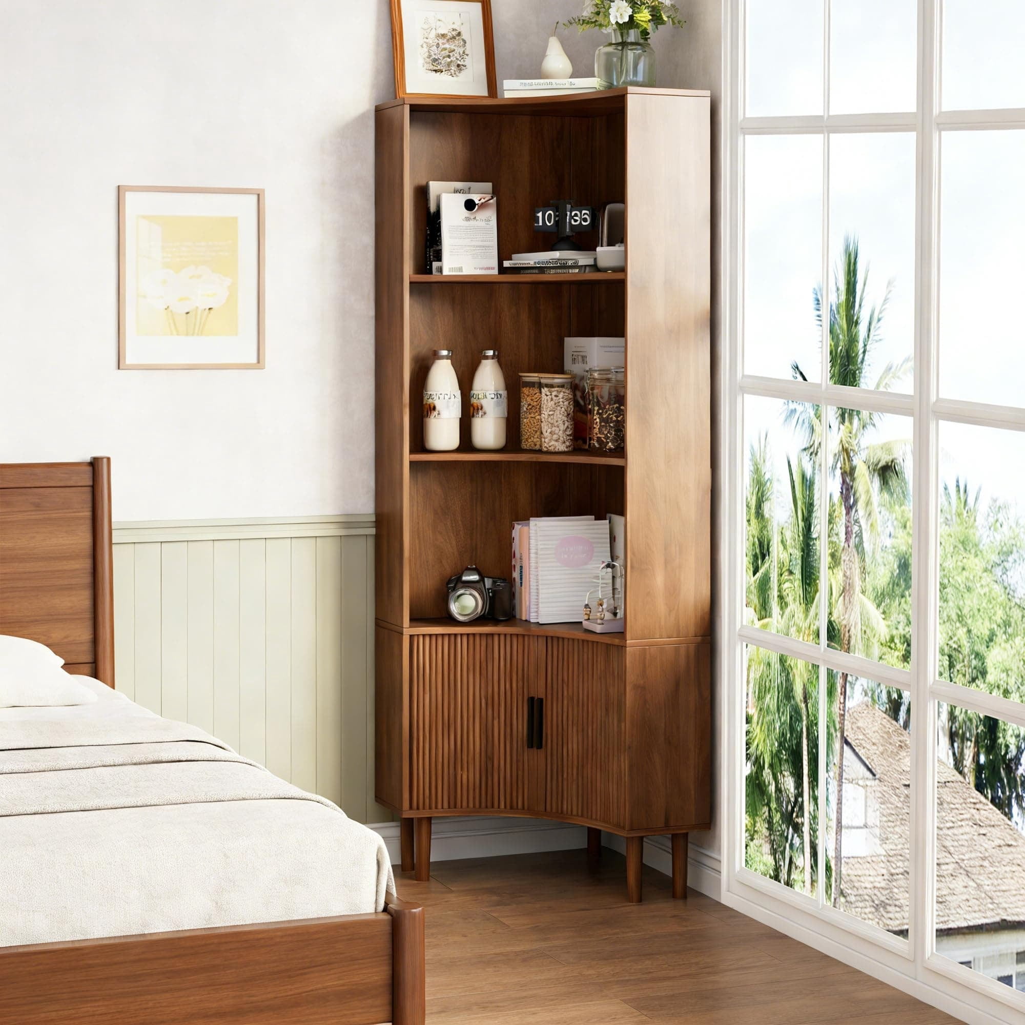 67" Tall Fluted Corner Cabinet with Sliding Doors, Modern Wood Freestanding Storage Organizer