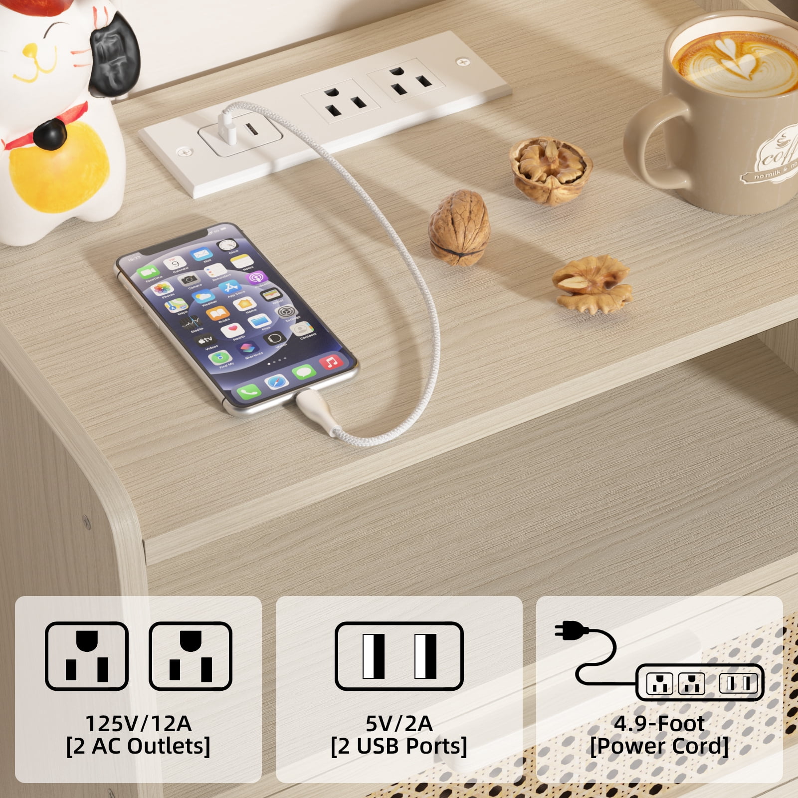 LEYAOYAO 2pc Nightstand with USB Ports, Woven Rattan Bedside Table with 1 Drawer and Lift-Up Legs, for Boho Bedroom, Grey