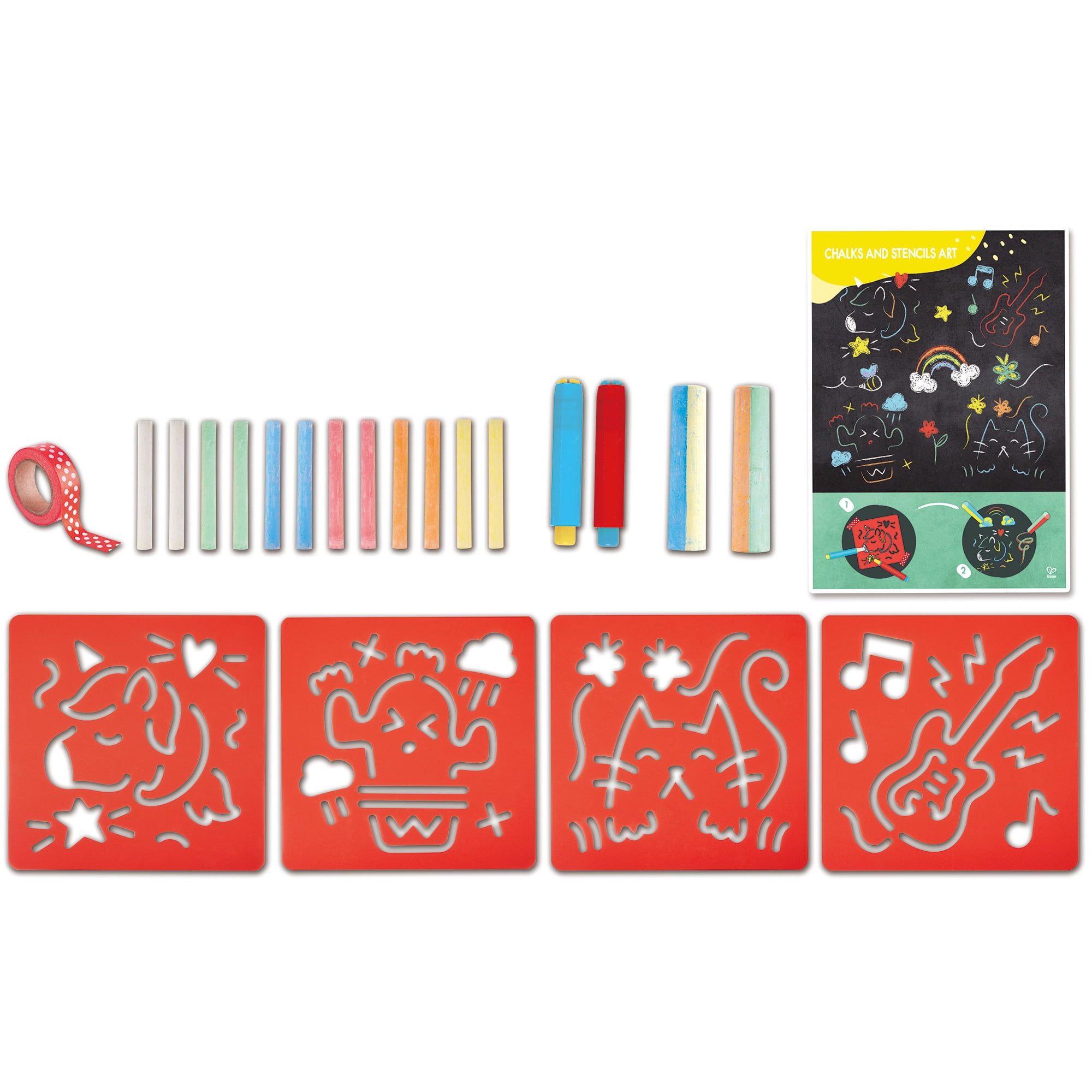 Hape: Chalks & Stencils Art - 22pcs, Activity Art Kit, Stencils, Colorful Dustless Chalk Pieces & Holders, DIY Arts & Crafts Playset, Kids Ages 3+