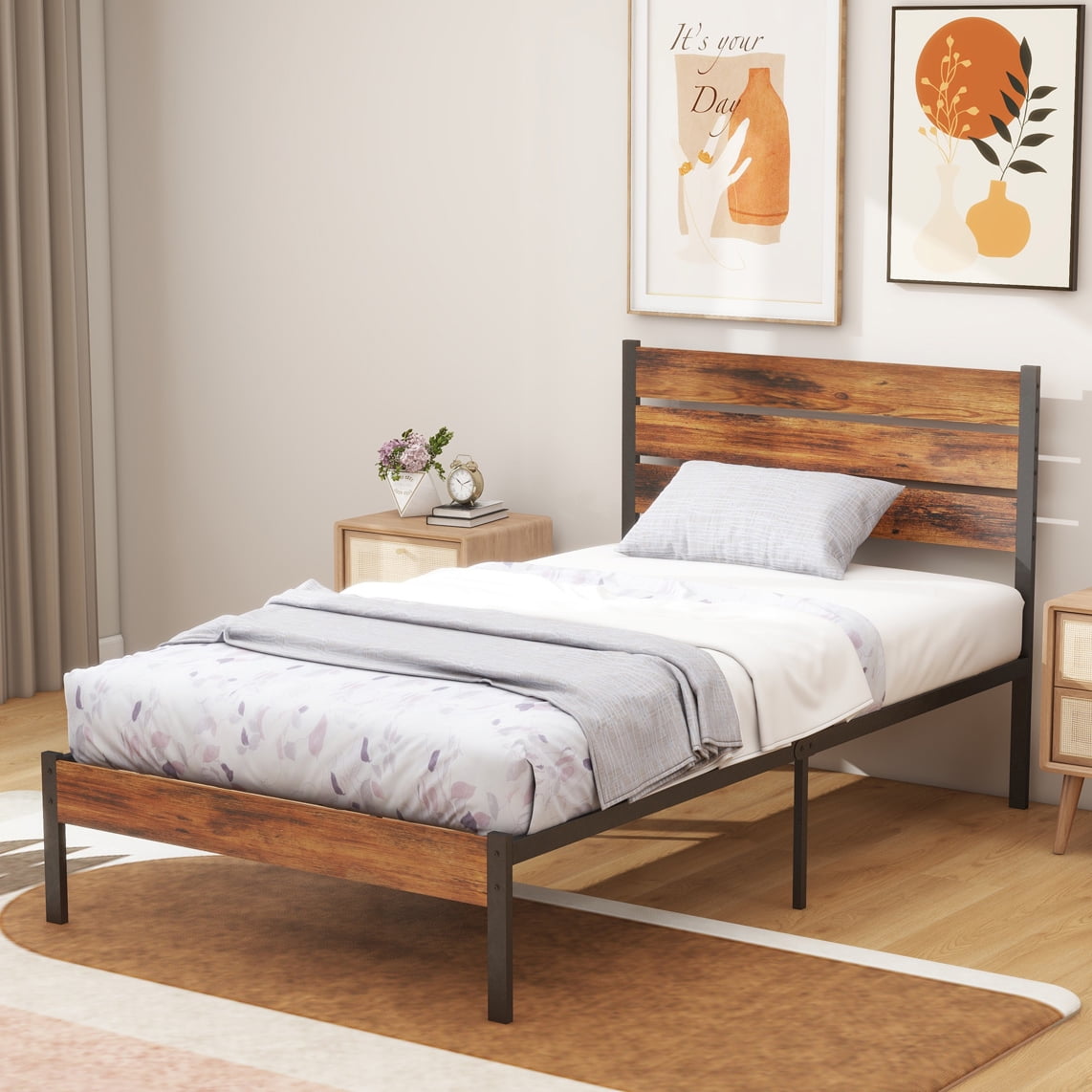 Simenmax Twin Size Bed Frame with Headboard, Mattress Foundation