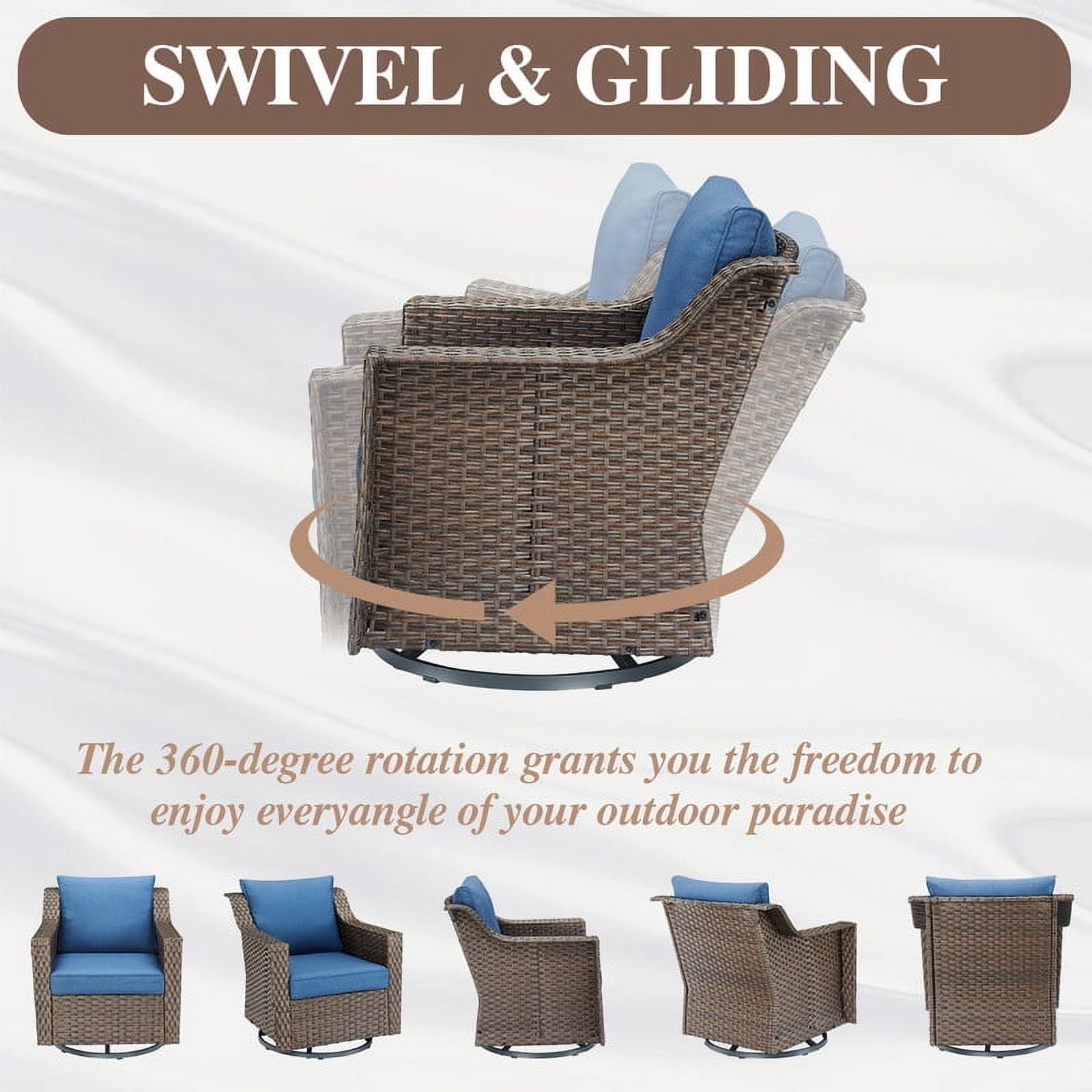 PARKWELL 9 Pieces Outdoor Patio Furniture Set 9-Seat High Back Wicker Conversation Set with Swivel Glider Chairs,Brown Wicker Navy Cushion
