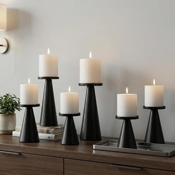 Juego de 6 portavelas de hierro negro, juego de 6 portavelas decorativas de hierro de 4 y 4.7 y 6.4 pulgadas de alto, elegante soporte para velas LED y de cera, conos de incienso, spa bodas (velas no