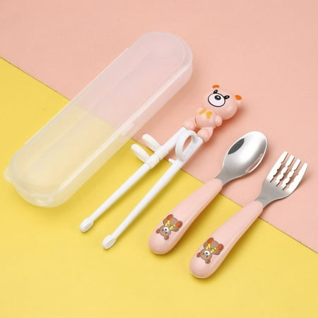 

Cute For Kids Portable Food Eat Training Spoon Fork Chopsticks Set Learning Chopsticks Dinnerware Children Tableware Set PINK