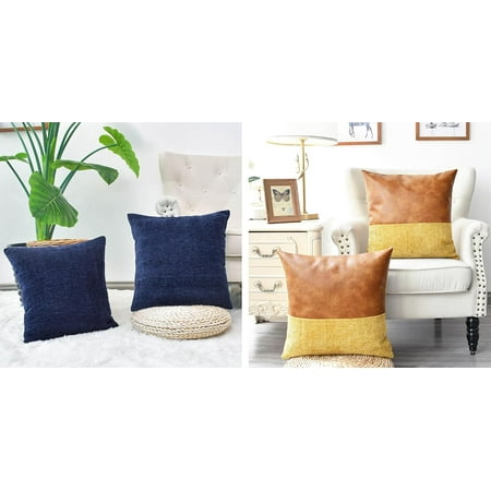 

CaliTime Throw Pillow Covers Pack of 2 Cozy Solid Dyed Chenille Cushion Cases for Couch Sofa Home Decoration 16x16 inches Navy Blue Golden
