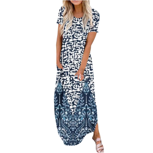 Robes Maxi d'Été pour Femmes Manches Courtes Col Rond Décontracté Coupe Ample Longue Robe de Plage T-Shirts Robe avec Poches
