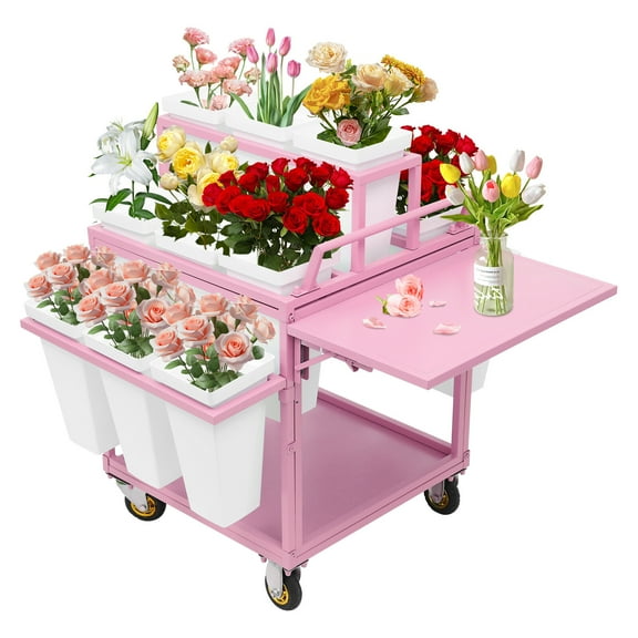 TFCFL 6 Tiers 18 Buckets Flower Display Stand Metal Plants Storage Shelf Fresh Flowers Holder Cart with wheels