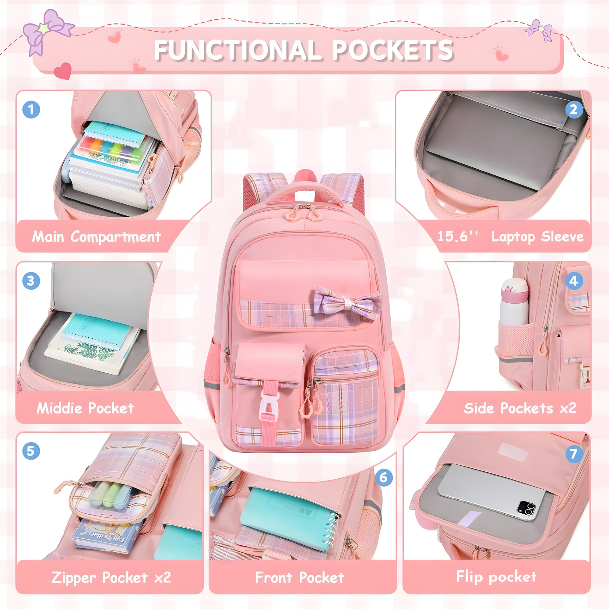 Set de Mochila Escolar de Soda Candy para Niñas, Moño Lindo, Impermeable, con Lonchera y Estuche, para Primaria y Secundaria, Negro, 3 piezas 3