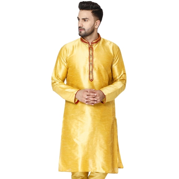 SKAVIJ Men's Tunic Art Silk Long Shirt Embroidered Casual Kurta X-Large Gold