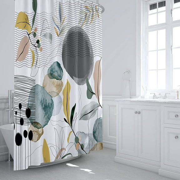 Boho Fabric Shower Curtain Mid Century Shower Curtain Set Royal Blue Gray Black Yellow Leaves Plant Modern Minimalist Bathroom Decor Waterproof Shower Curtains with Hooks, 72" x 72