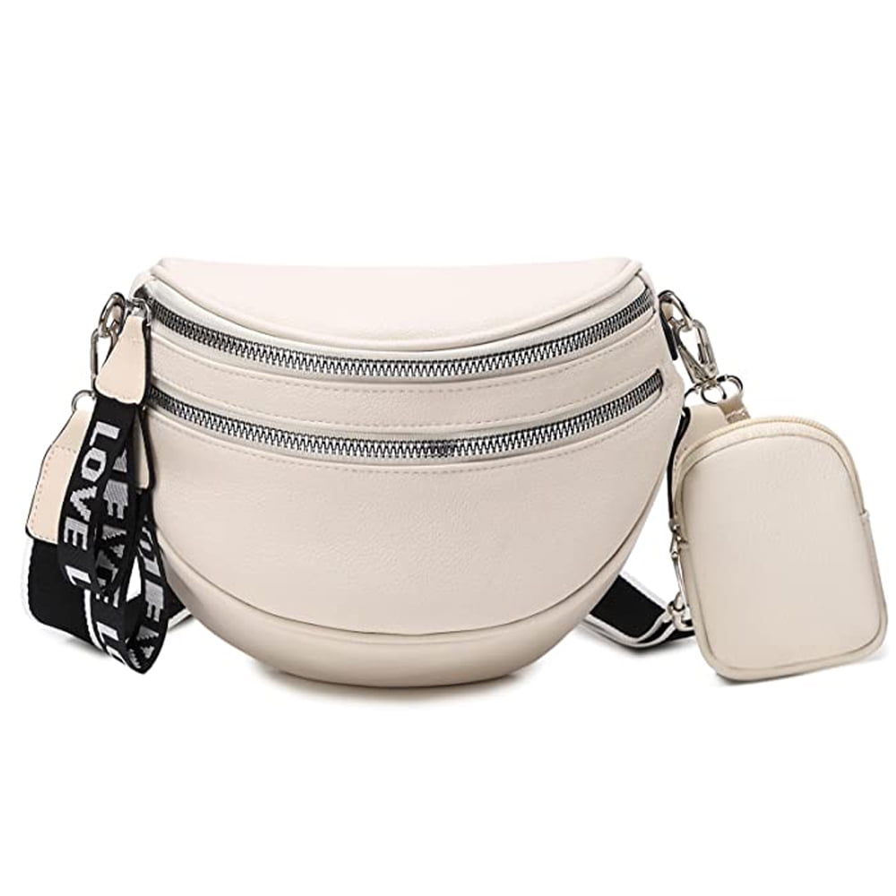 Crossbody Bag Women's Wide Strap, Leather Shoulder Bag with Zip