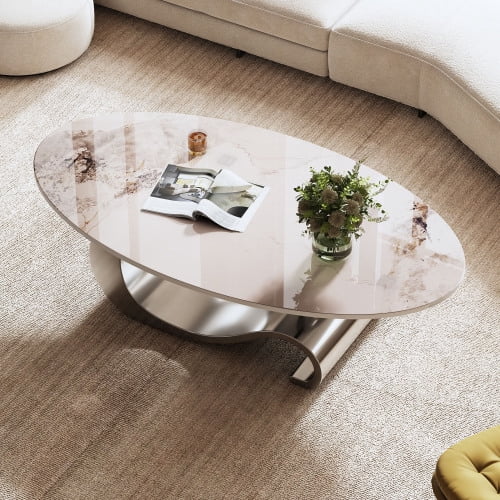 49.2-Inch Modern Oval Faux Marble Coffee Table with Sturdy Metal Base - Luxury Living Room Furniture for Home Decor | Scratch-Resistant & Easy Assembly, (Gray)