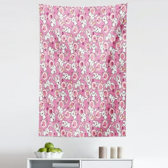 Cartoon Animal Tapestry, Doodle Kawaii Illustration Stars Hearts Bones Flower Girls Design, Fabric Wall Hanging Decor for Bedroom Living Room Dorm, 5 Sizes, Pink Peach White, by Ambesonne