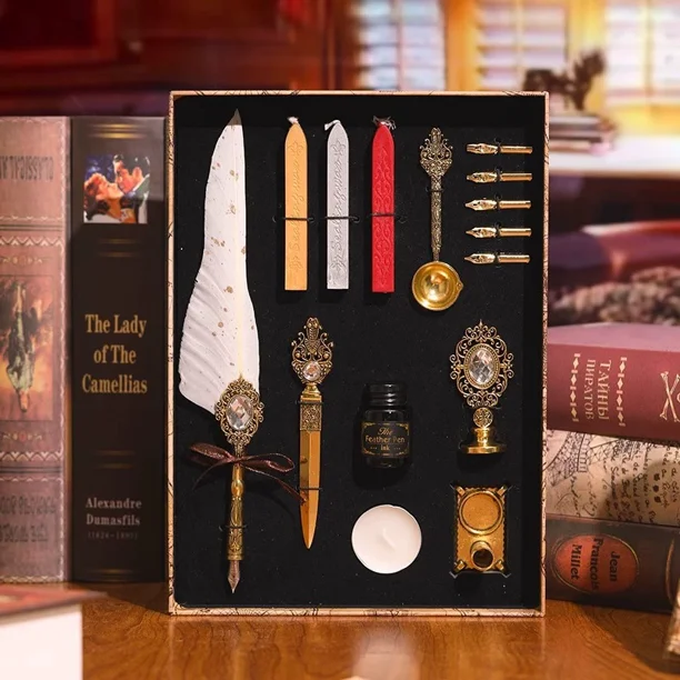 Set de Pluma de Ave Vintage con Gema Decorativa, Sello de Lacre, Tinta y 5 Plumines, Caja de Regalo Estilo Europeo para Caligrafía y Colección