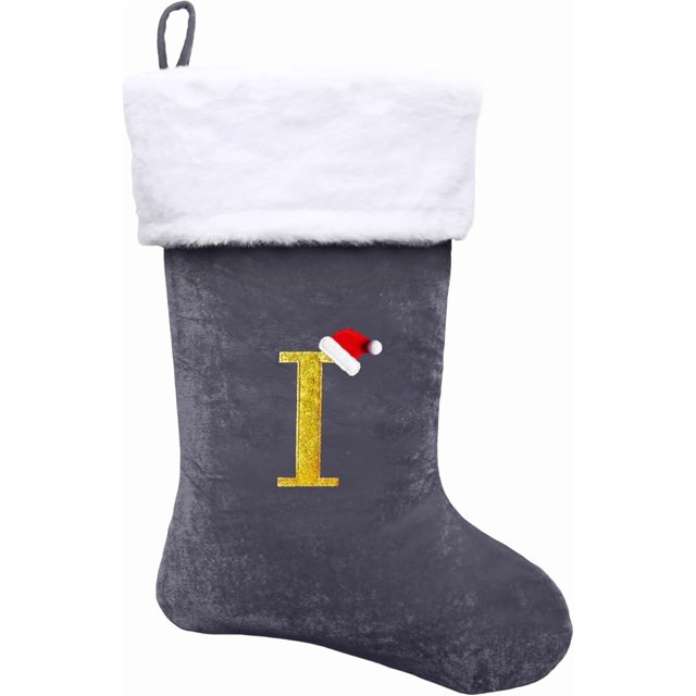 Dbfengbilian 21 Inches Christmas Stockings with Customizable Letters, Large Christmas Stockings with Super Soft Plush Cuff Embroidered Letter - Grey I