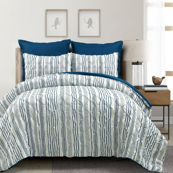 Ravello Pintuck Stripe Comforter Navy 5Pc Set Full/Queen