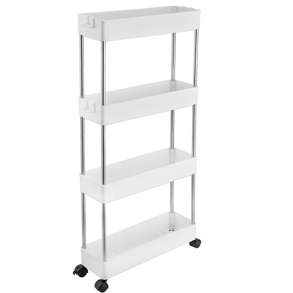 4-Tier Slim Storage Cart,Bathroom Storage Organizer,Slim Rolling Cart,Slide Out Storage Cart with Wheel,Mobile Shelving Unit for Bathroom Kitchen Bedroom Laundry Narrow Places (White)