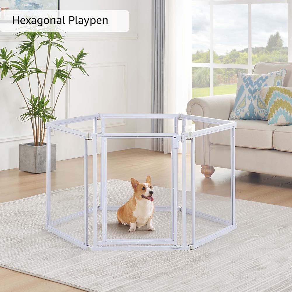 Unipaws Clear Acrylic Transparent Dog Playpen, 125” Extra Wide 6 Panels Freestanding Walk Through Dog Gate
