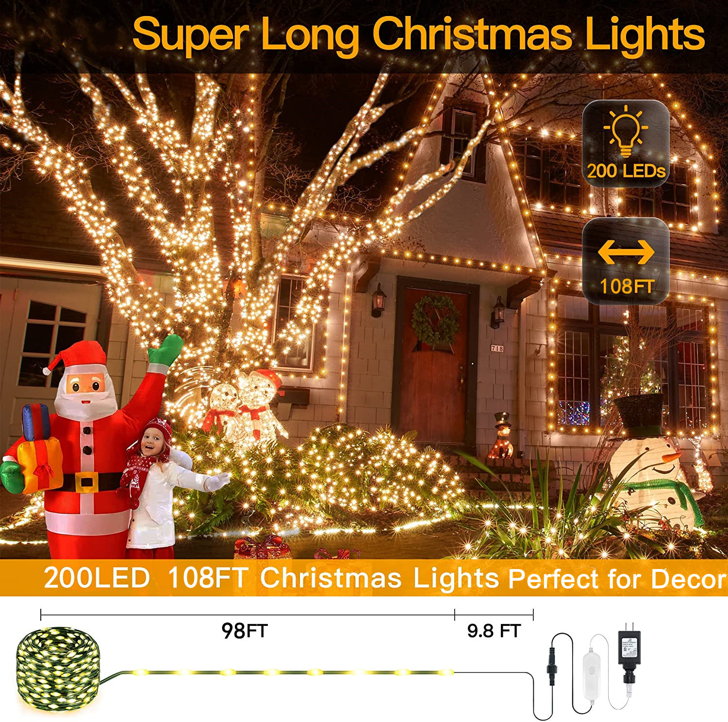 JUHEFA Christmas Lights Outdoor Indoor, 200LED 108FT Christmas Tree Lights IP67 Waterproof, 8 Modes Plug in for House Bedroom Party Yard Decorations, Warm White - image 2 of 8