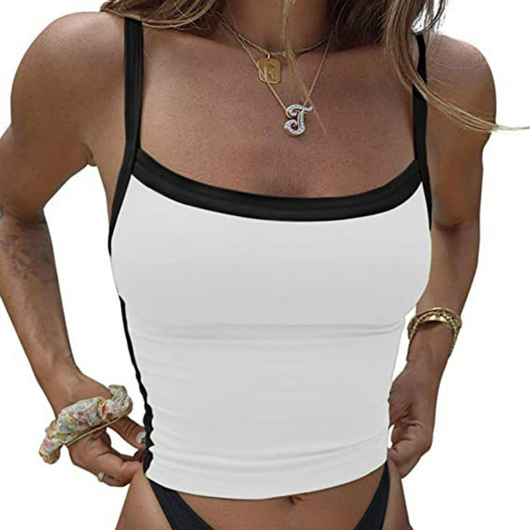 Ernkv Clearance Summer Women's Trendy Slim Basic Crop Tank Top Solid Color  Cami Top Sleeveless Vest Square Neck Top Leisure Comfy Fit Clothing Fashion  White M 